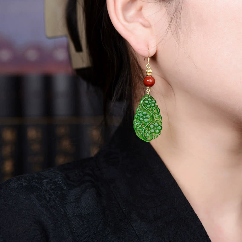 Wear FengShui Water Droplet Hollow Shape Jade Red Agate 925 Sterling Silver Luck Earrings