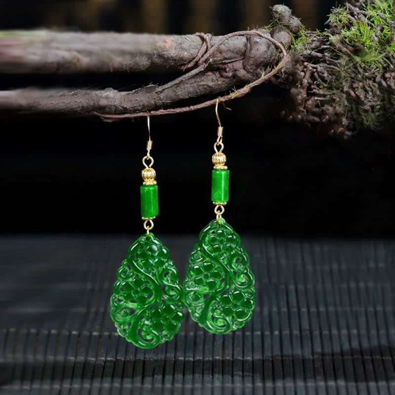 Wear FengShui Water Droplet Hollow Shape Jade Red Agate 925 Sterling Silver Luck Earrings