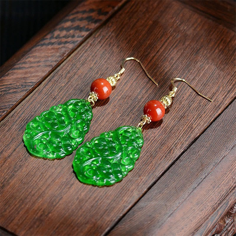 Wear FengShui Water Droplet Hollow Shape Jade Red Agate 925 Sterling Silver Luck Earrings