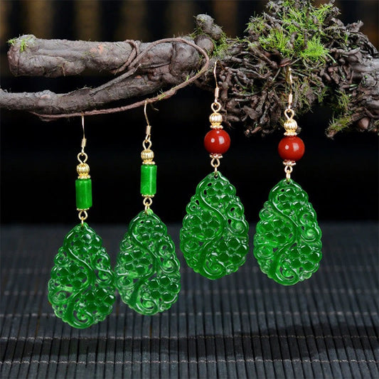 Wear FengShui Water Droplet Hollow Shape Jade Red Agate 925 Sterling Silver Luck Earrings