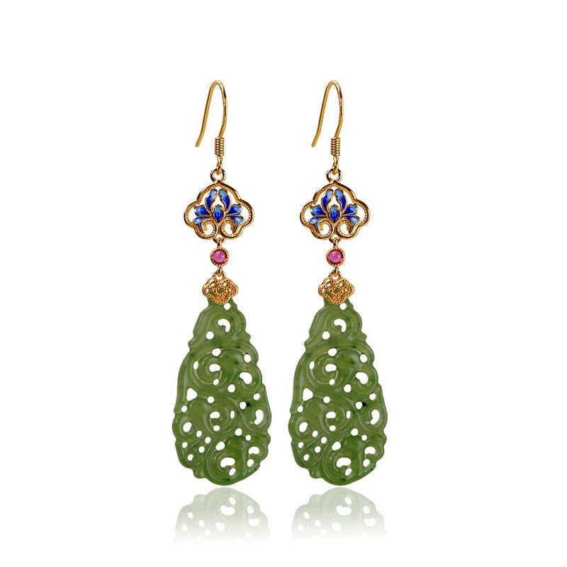 Wear FengShui Hollow Hetian Jade Enamel 925 Sterling Silver Prosperity Earrings