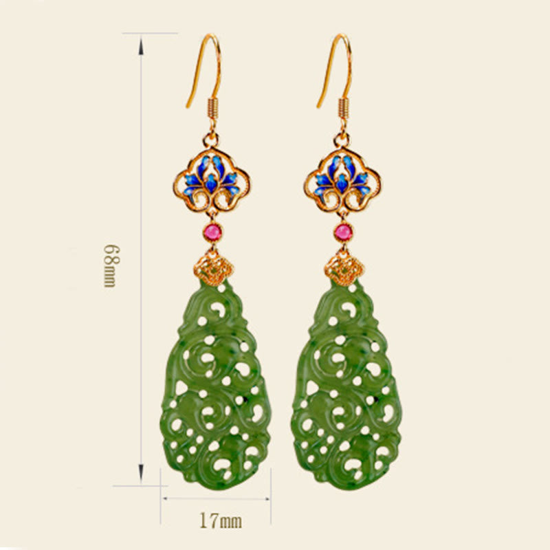 Wear FengShui Hollow Hetian Jade Enamel 925 Sterling Silver Prosperity Earrings