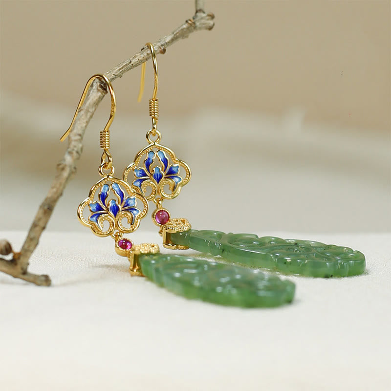 Wear FengShui Hollow Hetian Jade Enamel 925 Sterling Silver Prosperity Earrings