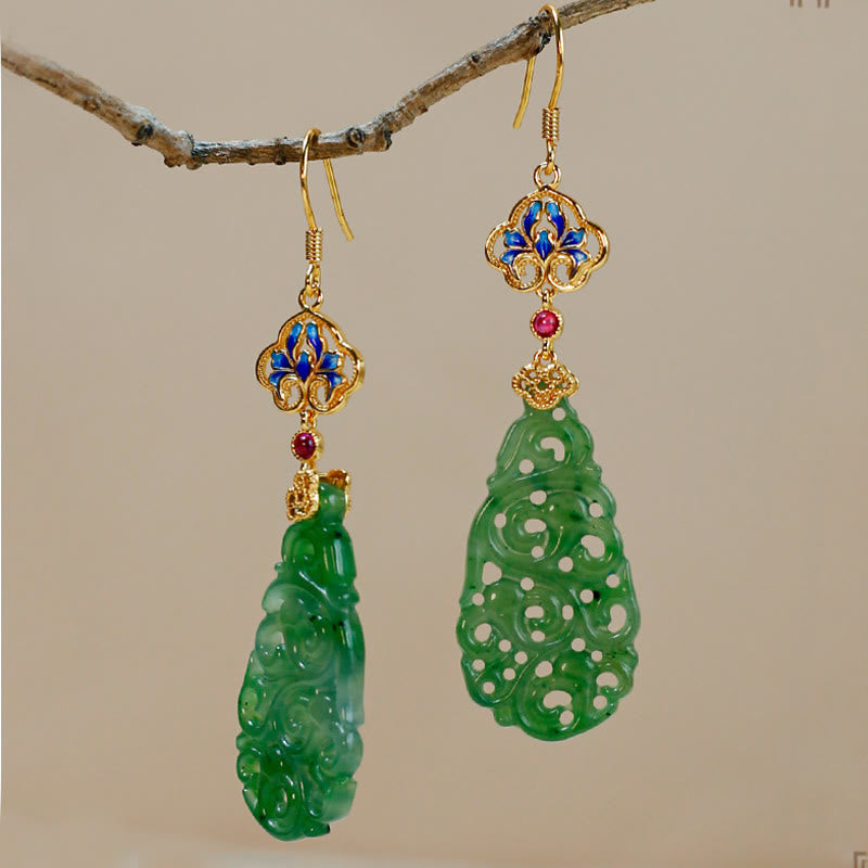 Wear FengShui Hollow Hetian Jade Enamel 925 Sterling Silver Prosperity Earrings