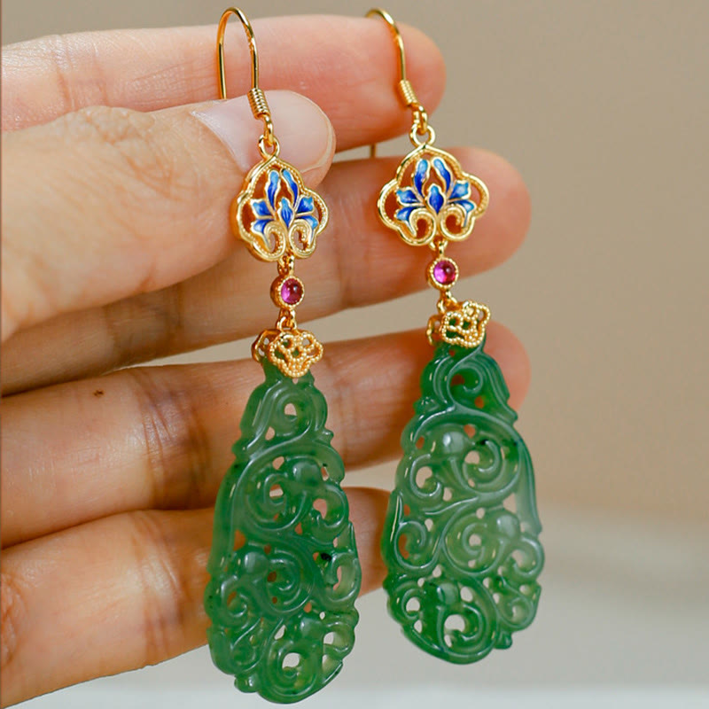 Wear FengShui Hollow Hetian Jade Enamel 925 Sterling Silver Prosperity Earrings
