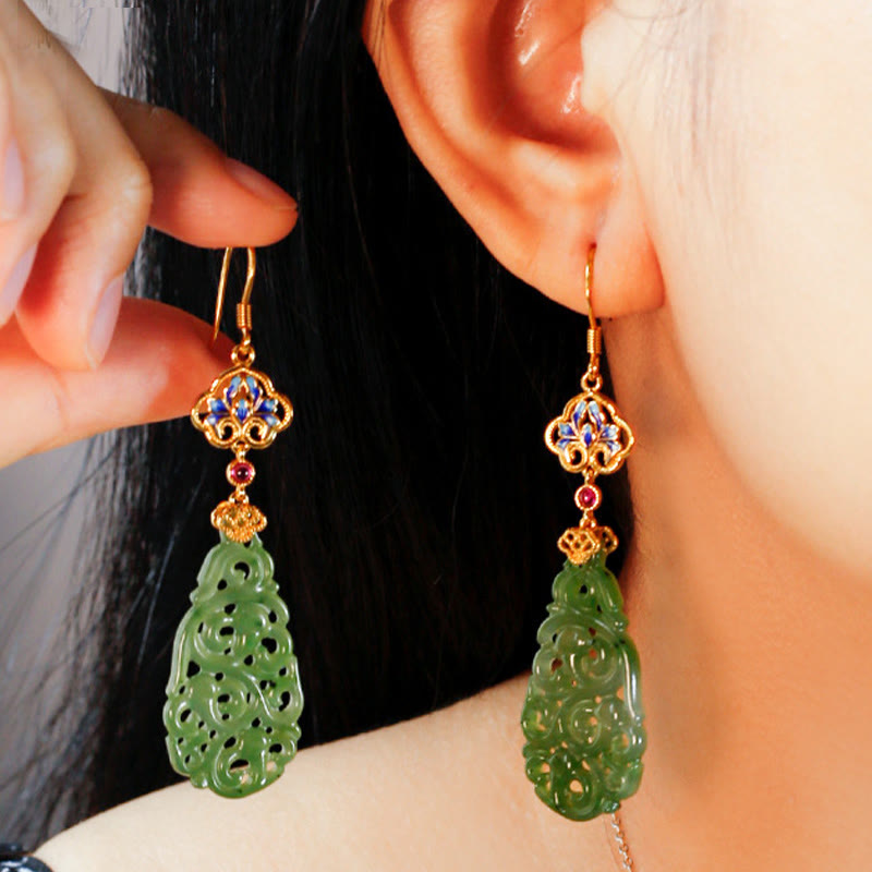 Wear FengShui Hollow Hetian Jade Enamel 925 Sterling Silver Prosperity Earrings