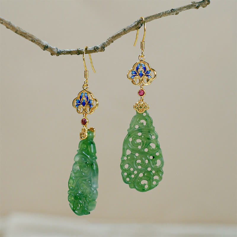 Wear FengShui Hollow Hetian Jade Enamel 925 Sterling Silver Prosperity Earrings