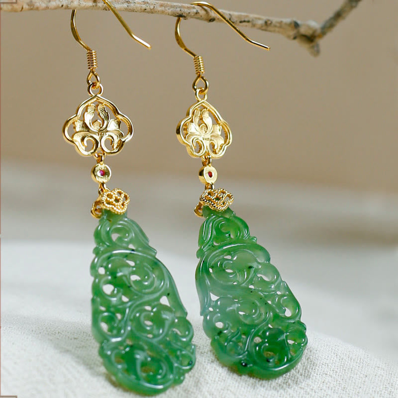 Wear FengShui Hollow Hetian Jade Enamel 925 Sterling Silver Prosperity Earrings