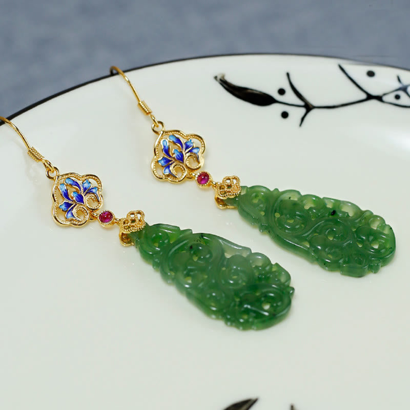 Wear FengShui Hollow Hetian Jade Enamel 925 Sterling Silver Prosperity Earrings