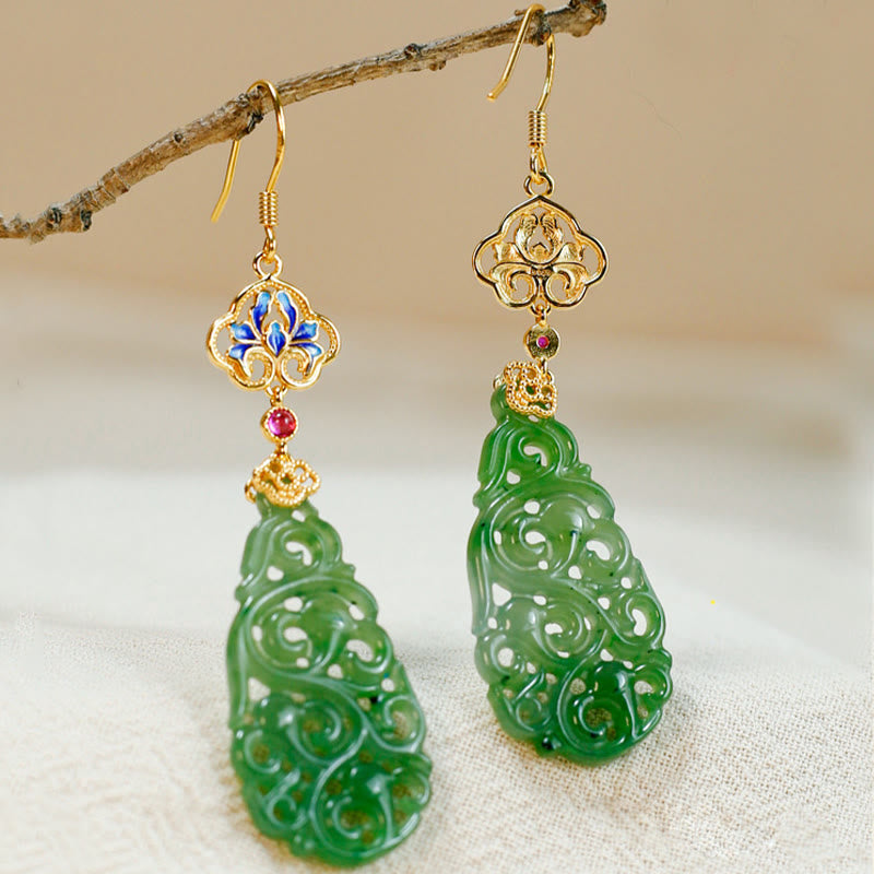 Wear FengShui Hollow Hetian Jade Enamel 925 Sterling Silver Prosperity Earrings