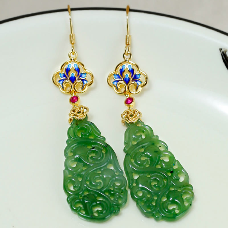 Wear FengShui Hollow Hetian Jade Enamel 925 Sterling Silver Prosperity Earrings