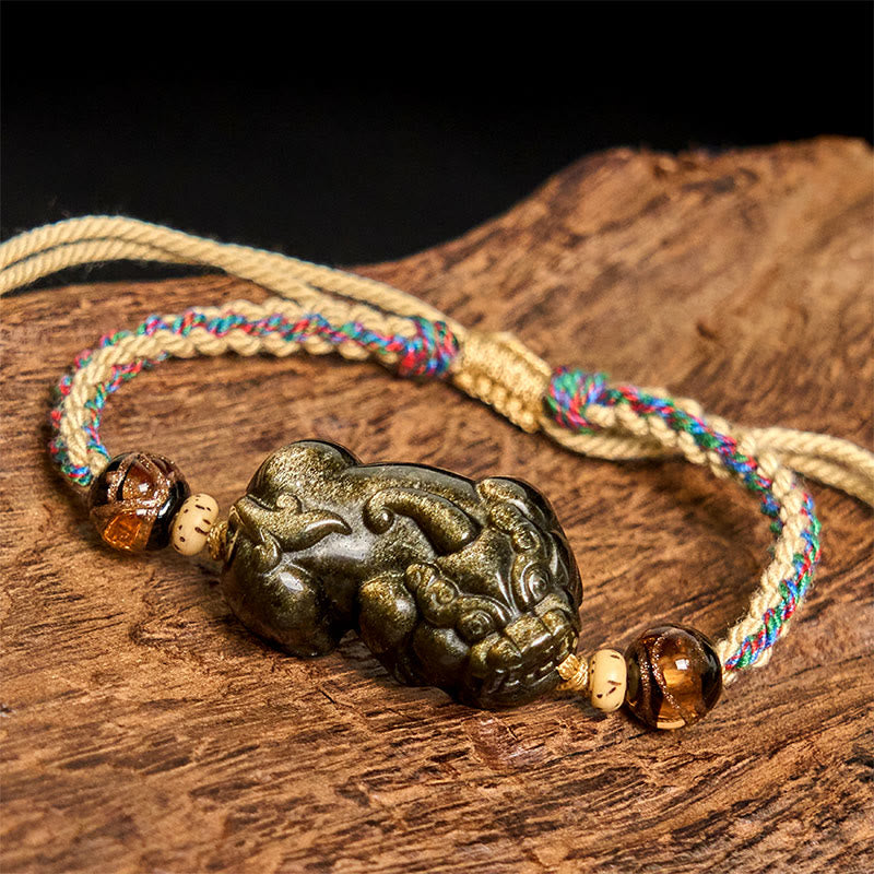 Wear FengShui Gold Sheen Obsidian PiXiu Wealth Rope Bracelet