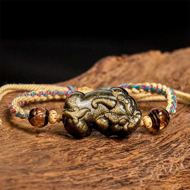 Wear FengShui Gold Sheen Obsidian PiXiu Wealth Rope Bracelet