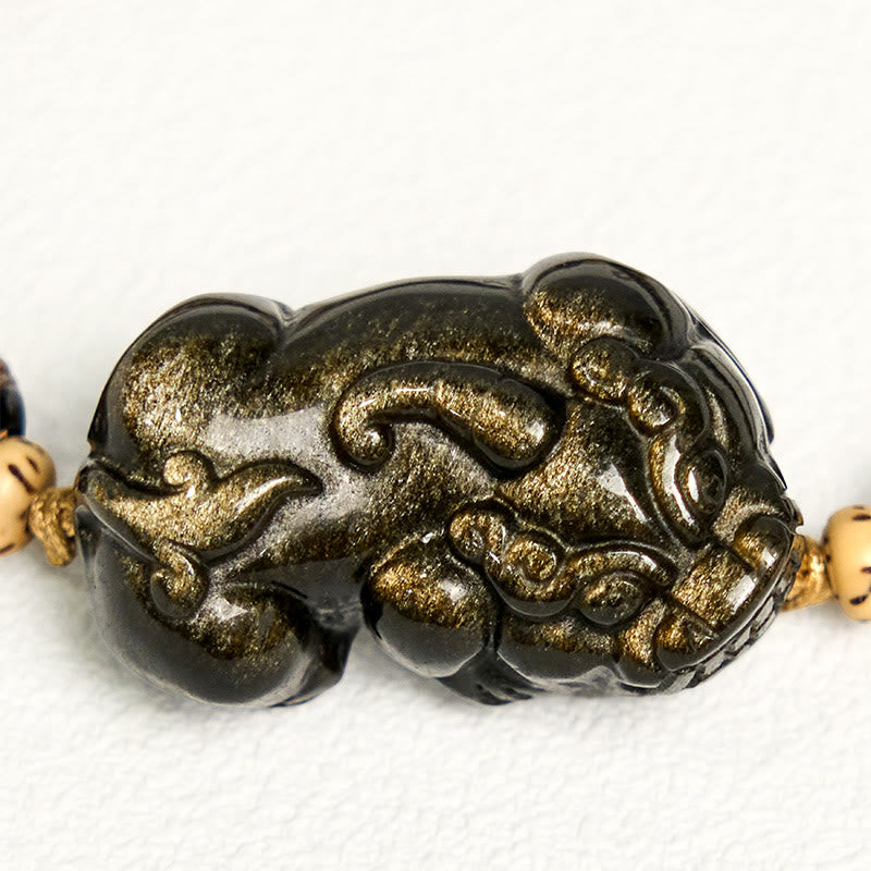 Wear FengShui Gold Sheen Obsidian PiXiu Wealth Rope Bracelet
