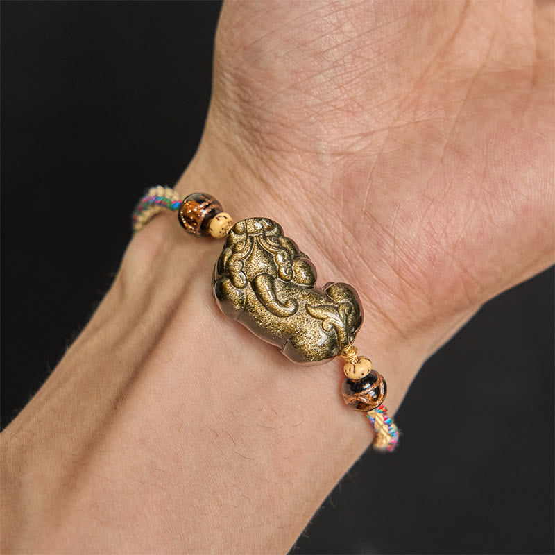 Wear FengShui Gold Sheen Obsidian PiXiu Wealth Rope Bracelet
