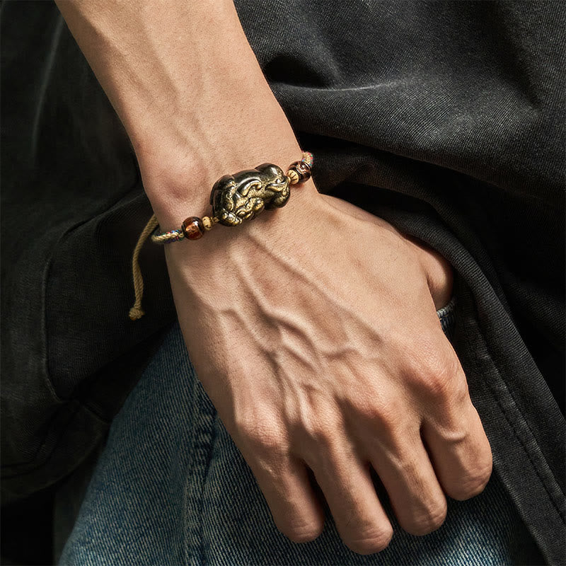 Wear FengShui Gold Sheen Obsidian PiXiu Wealth Rope Bracelet