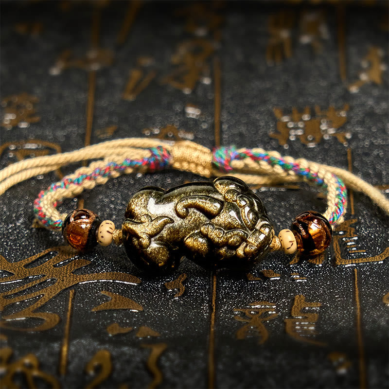 Wear FengShui Gold Sheen Obsidian PiXiu Wealth Rope Bracelet