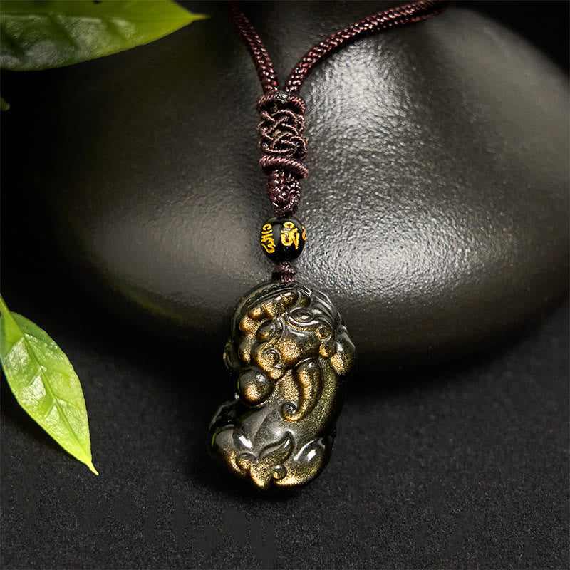 Wear FengShui Gold Sheen Obsidian PiXiu Wealth Rope Necklace Pendant