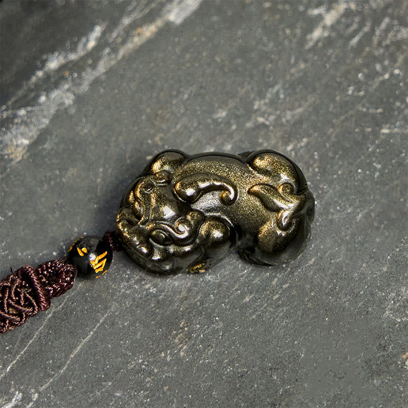 Wear FengShui Gold Sheen Obsidian PiXiu Wealth Rope Necklace Pendant
