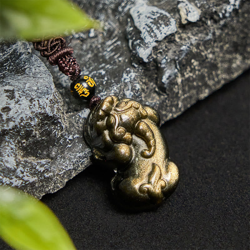 Wear FengShui Gold Sheen Obsidian PiXiu Wealth Rope Necklace Pendant