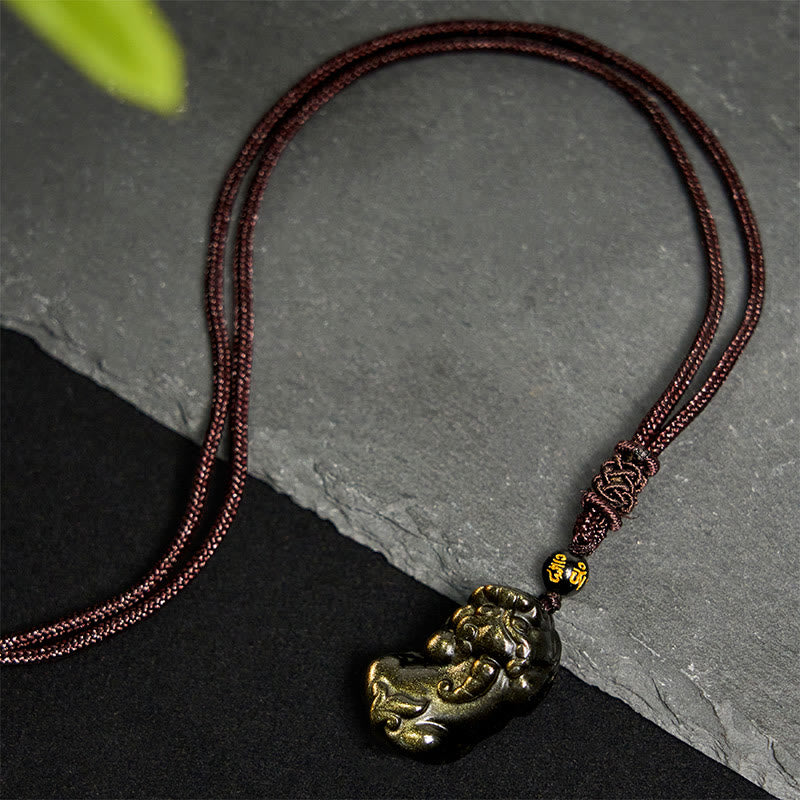 Wear FengShui Gold Sheen Obsidian PiXiu Wealth Rope Necklace Pendant