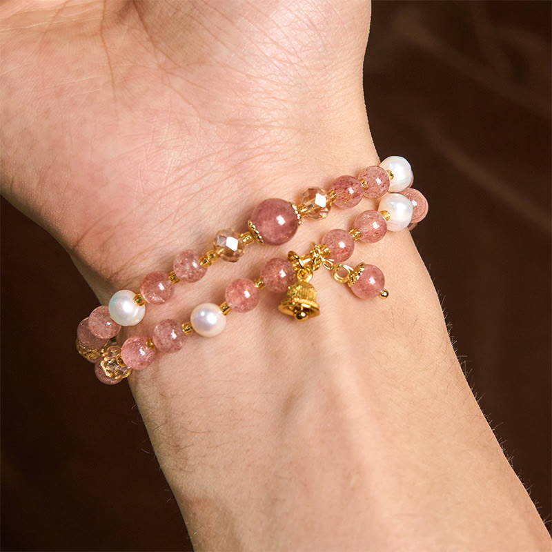 Wear FengShui Natural Strawberry Quartz Pearl Bell Healing Double Wrap Bracelet