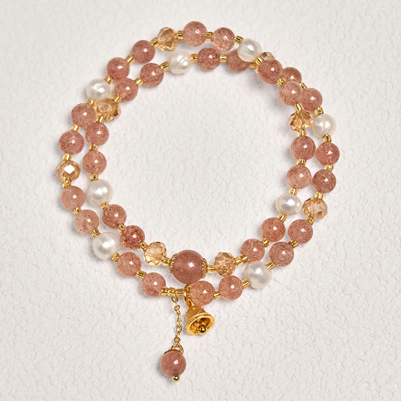 Wear FengShui Natural Strawberry Quartz Pearl Bell Healing Double Wrap Bracelet