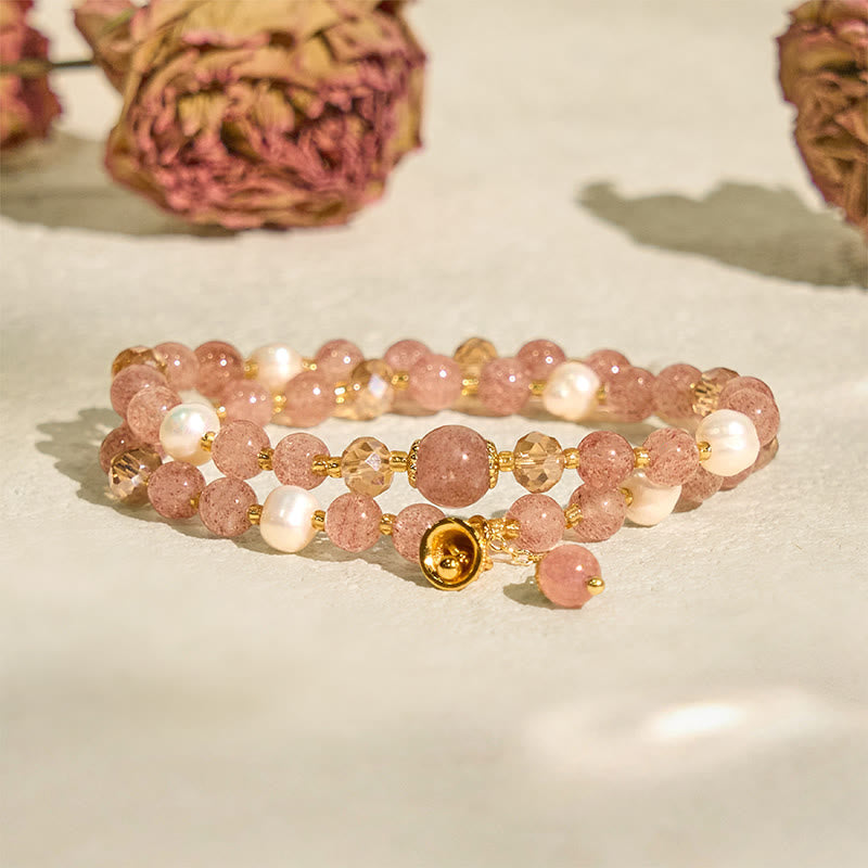 Wear FengShui Natural Strawberry Quartz Pearl Bell Healing Double Wrap Bracelet