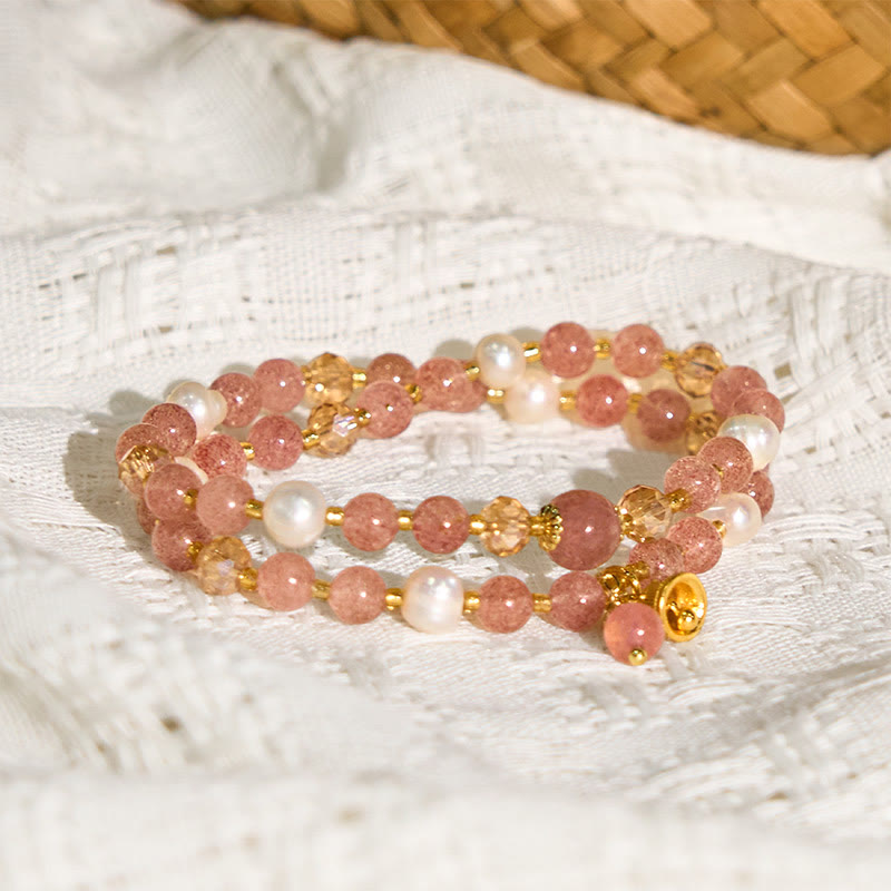 Wear FengShui Natural Strawberry Quartz Pearl Bell Healing Double Wrap Bracelet