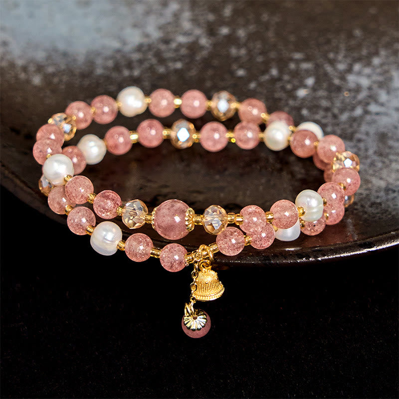 Wear FengShui Natural Strawberry Quartz Pearl Bell Healing Double Wrap Bracelet