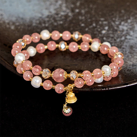 Wear FengShui Natural Strawberry Quartz Pearl Bell Healing Double Wrap Bracelet