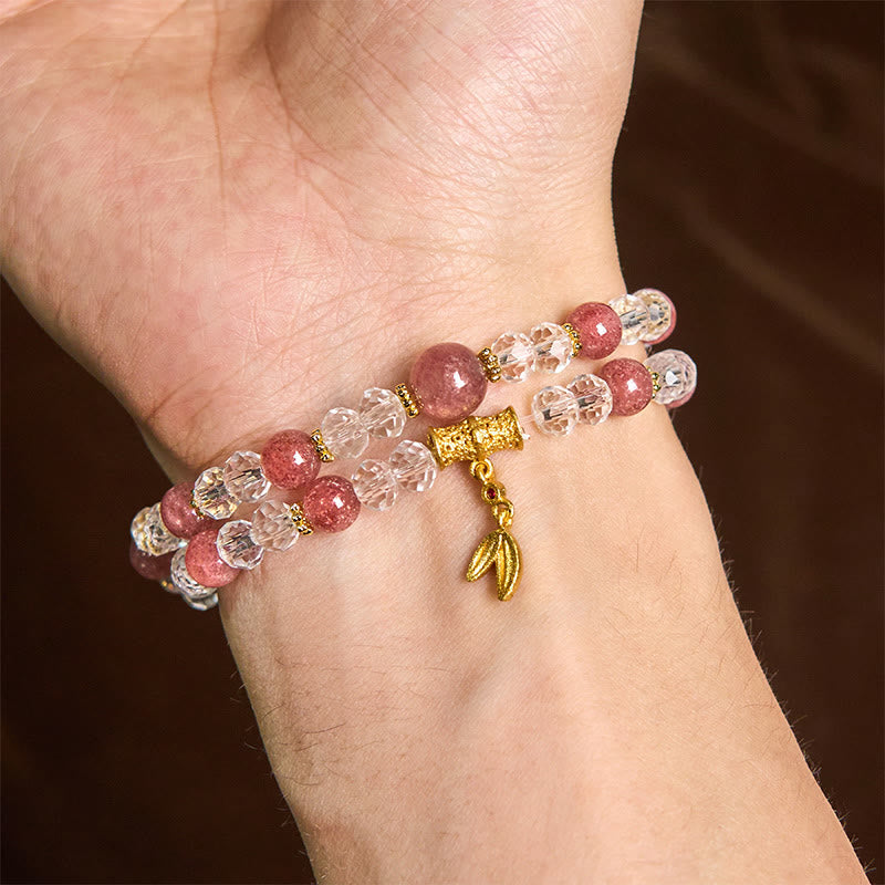 Wear FengShui Natural Strawberry Quartz Crystal Bamboo Positive Double Wrap Bracelet