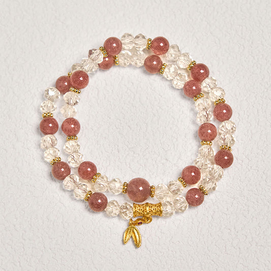 Wear FengShui Natural Strawberry Quartz Crystal Bamboo Positive Double Wrap Bracelet