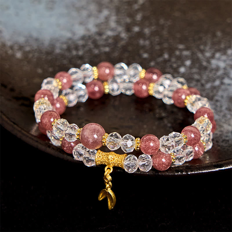 Wear FengShui Natural Strawberry Quartz Crystal Bamboo Positive Double Wrap Bracelet