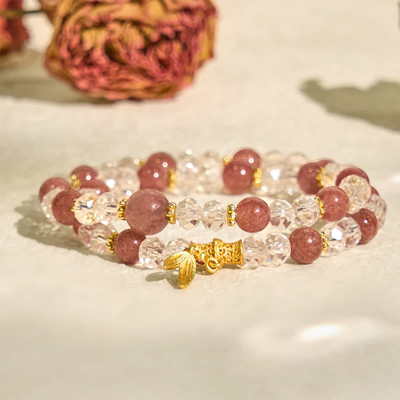 Wear FengShui Natural Strawberry Quartz Crystal Bamboo Positive Double Wrap Bracelet