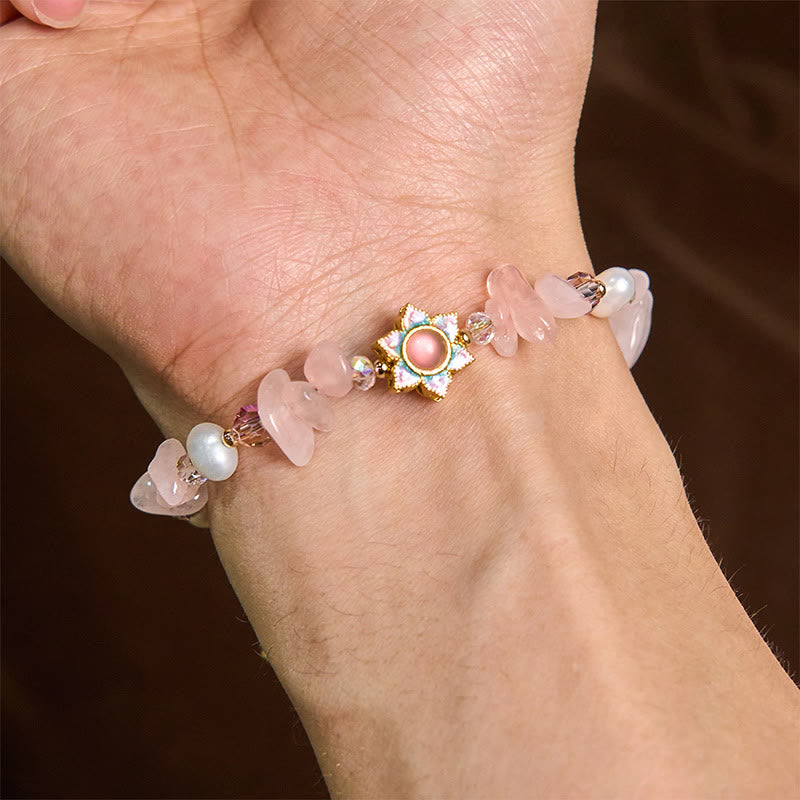 Wear FengShui Natural Gravel Rose Quartz Flower Pearl Healing Bracelet