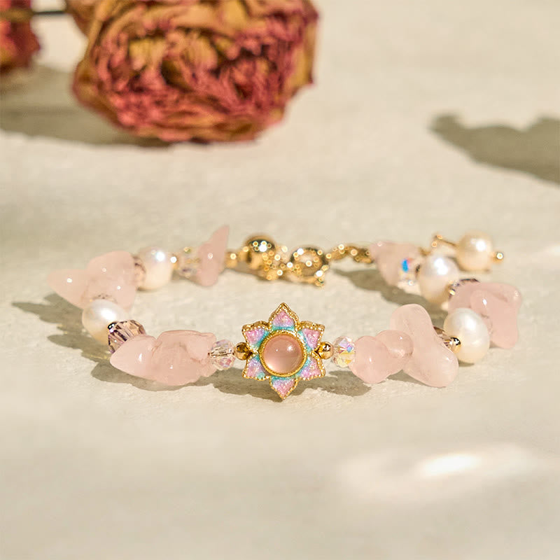 Wear FengShui Natural Gravel Rose Quartz Flower Pearl Healing Bracelet