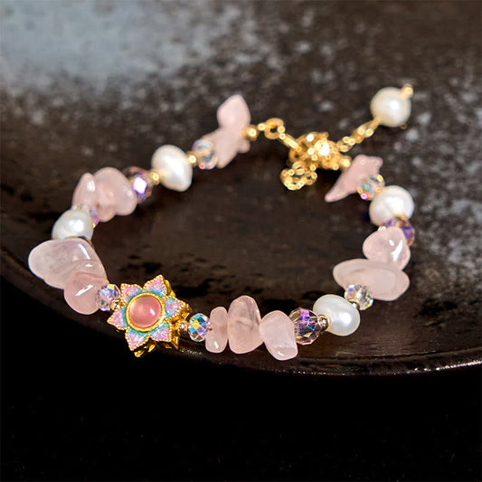 Wear FengShui Natural Gravel Rose Quartz Flower Pearl Healing Bracelet