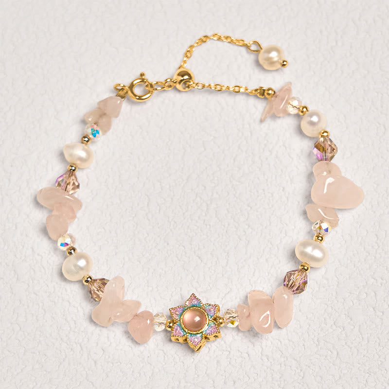 Wear FengShui Natural Gravel Rose Quartz Flower Pearl Healing Bracelet
