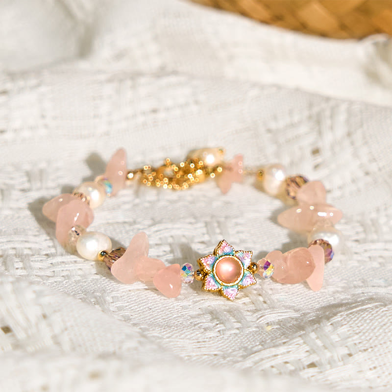 Wear FengShui Natural Gravel Rose Quartz Flower Pearl Healing Bracelet