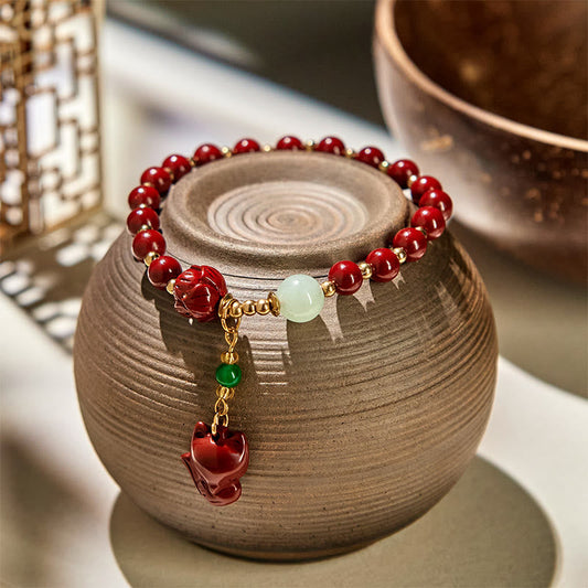 Wear FengShui Cinnabar Lotus Cute Fox Charm Blessing Bracelet