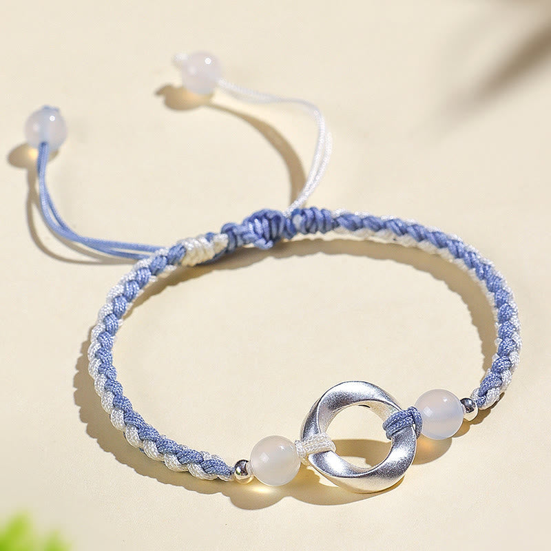 Wear FengShui 925 Sterling Silver Mobius White Agate Bead Braided String Protection Bracelet