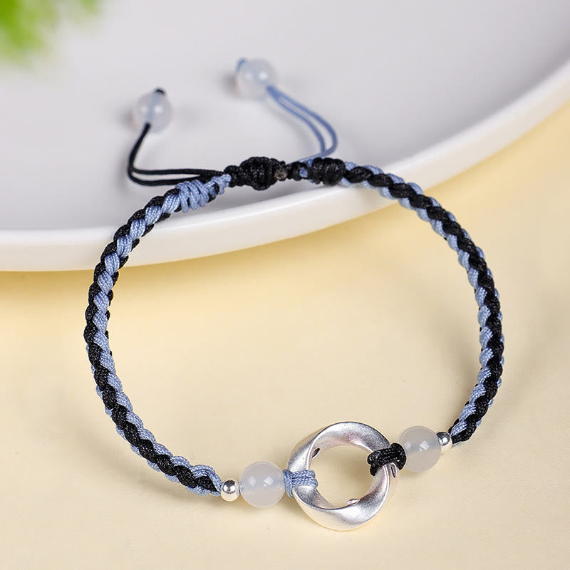 Wear FengShui 925 Sterling Silver Mobius White Agate Bead Braided String Protection Bracelet