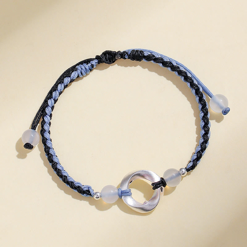Wear FengShui 925 Sterling Silver Mobius White Agate Bead Braided String Protection Bracelet