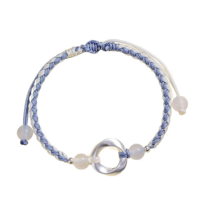 Wear FengShui 925 Sterling Silver Mobius White Agate Bead Braided String Protection Bracelet