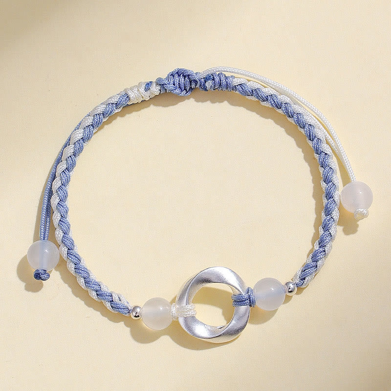 Wear FengShui 925 Sterling Silver Mobius White Agate Bead Braided String Protection Bracelet
