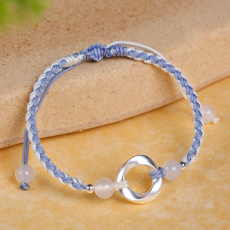 Wear FengShui 925 Sterling Silver Mobius White Agate Bead Braided String Protection Bracelet
