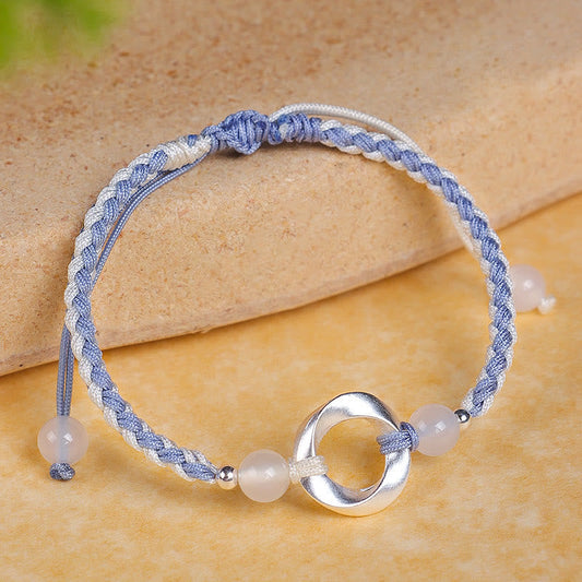 Wear FengShui 925 Sterling Silver Mobius White Agate Bead Braided String Protection Bracelet
