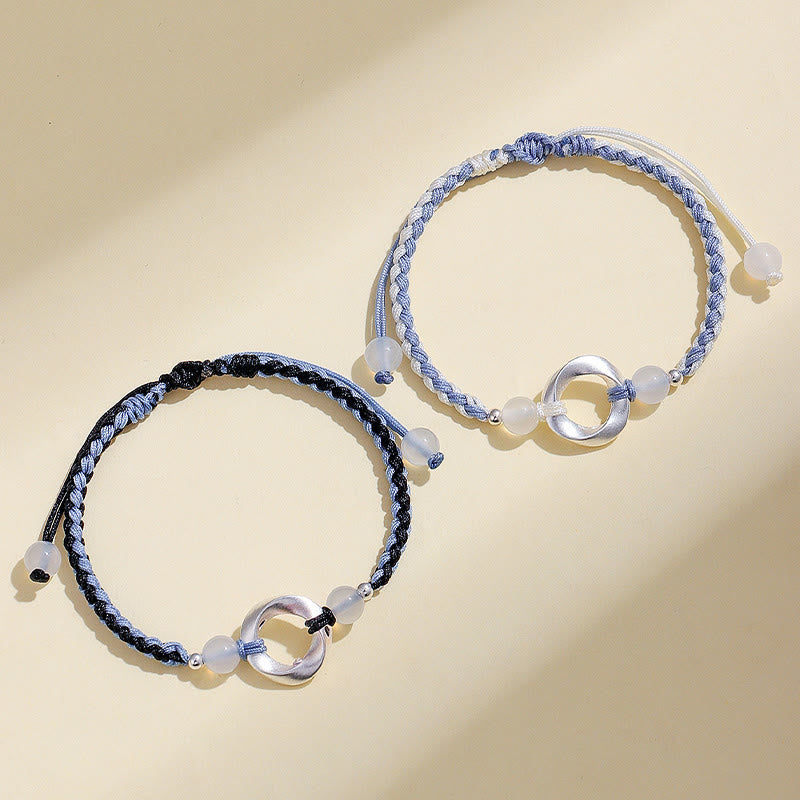Wear FengShui 925 Sterling Silver Mobius White Agate Bead Braided String Protection Bracelet