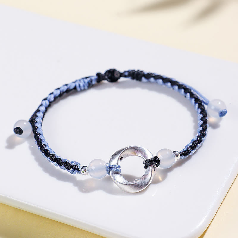 Wear FengShui 925 Sterling Silver Mobius White Agate Bead Braided String Protection Bracelet
